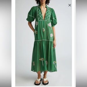 Farm Rio green embroidered trees organic cotton midi dress